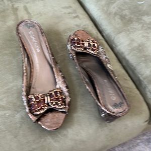 Gold slip in open toe wedges size 11